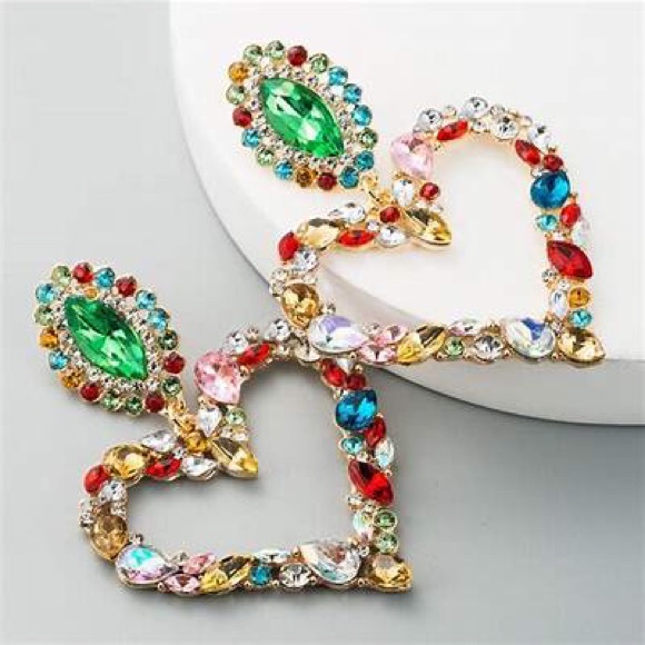 Jewelry - Heart-shaped alloy with colored diamonds retro temperament exaggerated earrings